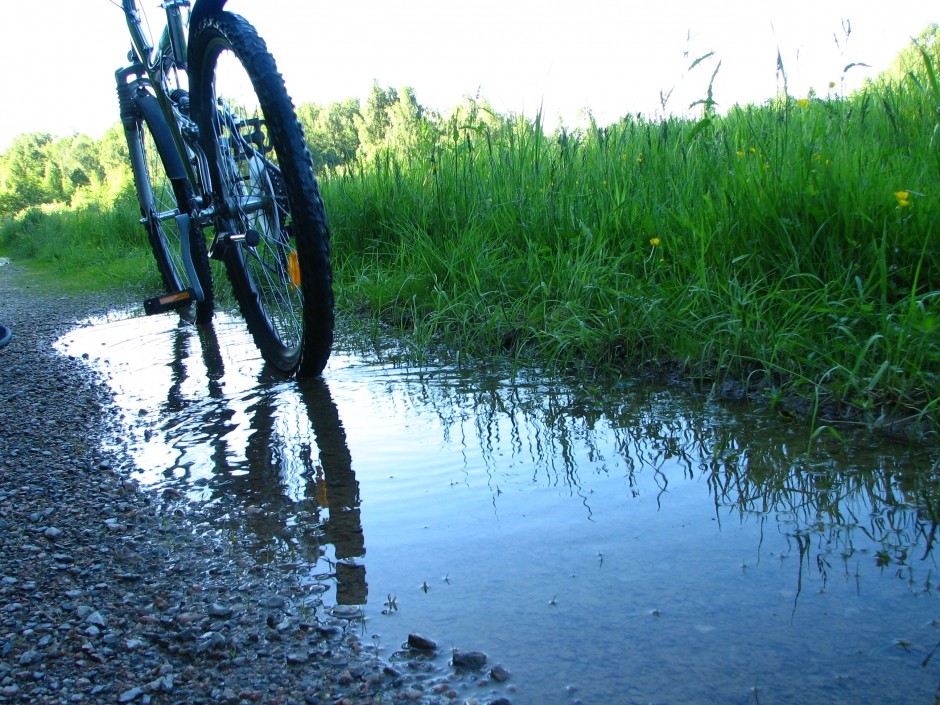 Bike in puddle by side of the road
